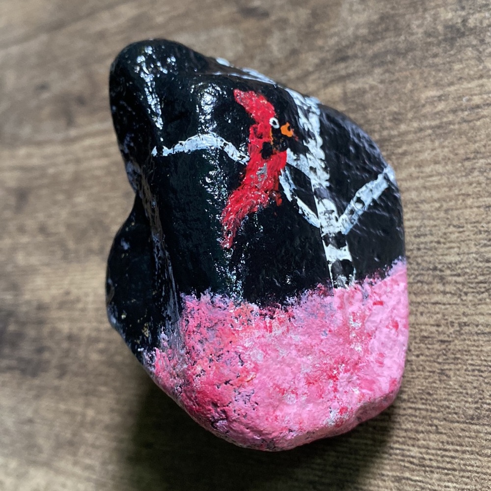 CARDINAL on birch tree hand crafted painted stone garden rock home decor - Picture 2 of 7